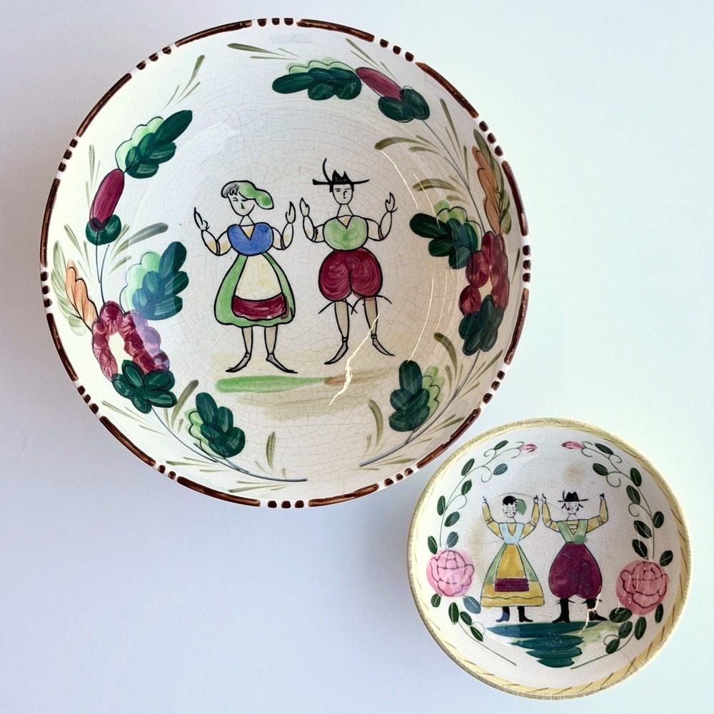 Vintage Handpainted Folk Art Bowl Set German Made in Japan Floral Man and Woman
